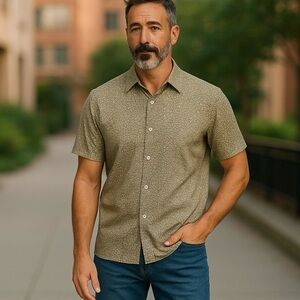 Van Heusen Men XL Olive/light tan geometric pattern short sleeve button up Shirt